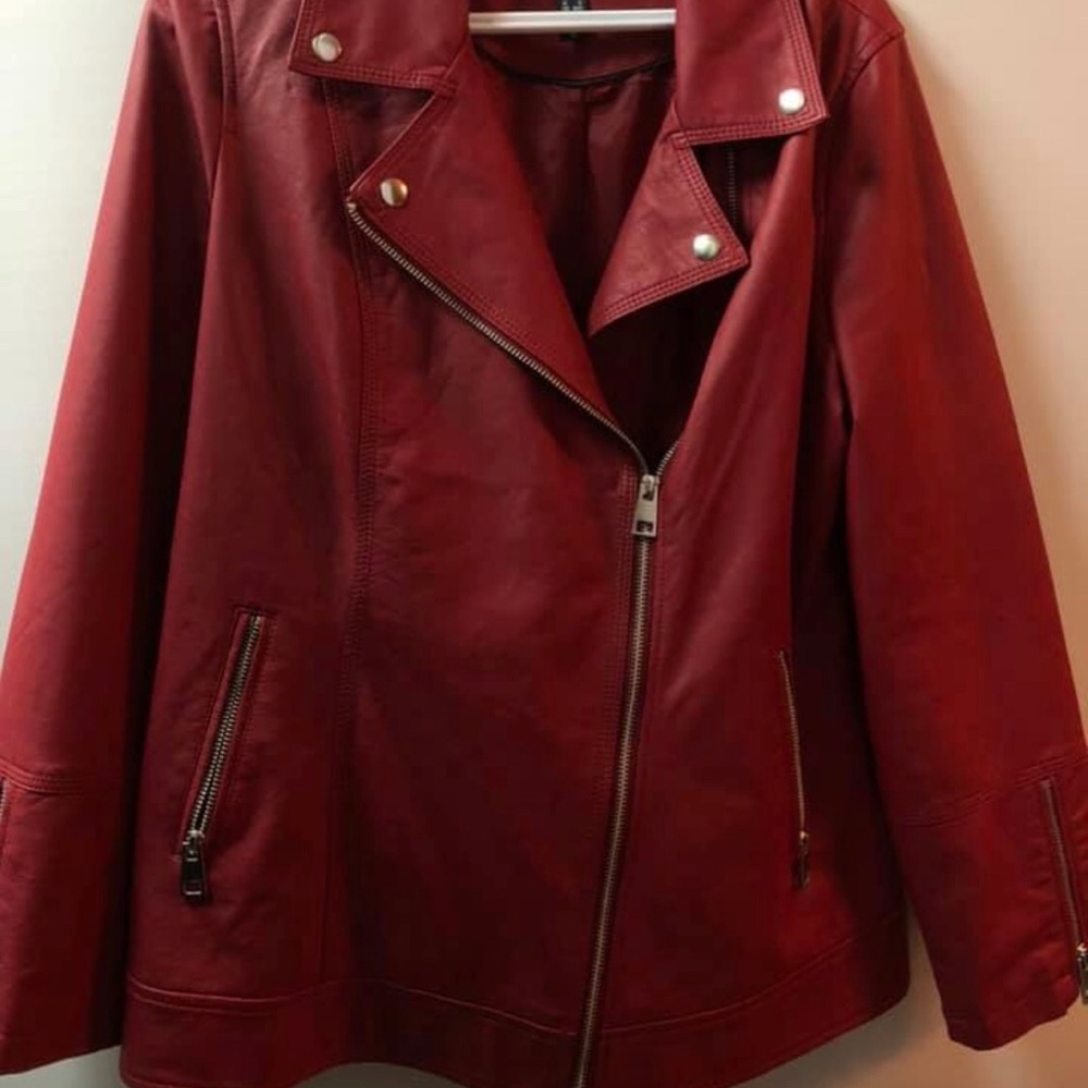 Red leather jacket.